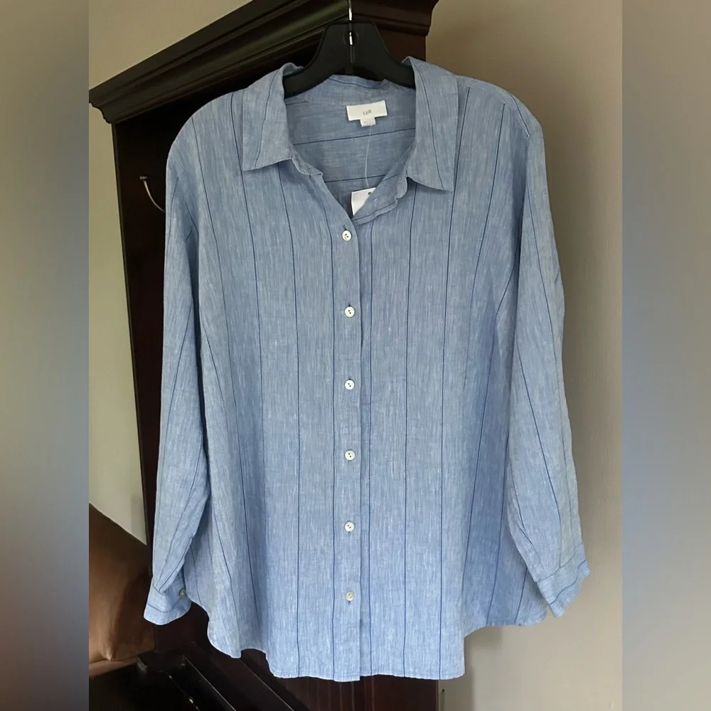 NWT J. JILL Blue Linen Stripe Long Sleeve Button Down Shirt Classic Office | XLP - Picture 4 of 16